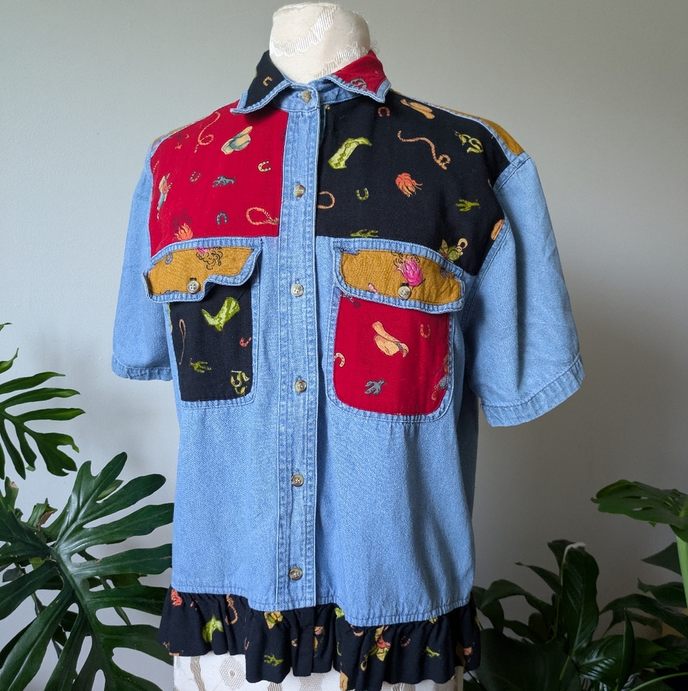 Western Cowboy Ruffle Denim Button-Up Shirt